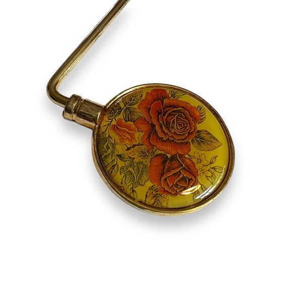 Womens Purse Hook Victorian Theme Floral Print Under Table Travel Gold Tone - Picture 2 of 5